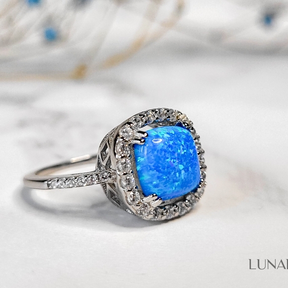 925 Sterling Silver Cushion-Cut Blue Opal Halo Ring with Cubic Zirconia Accents - Picture 1 of 9